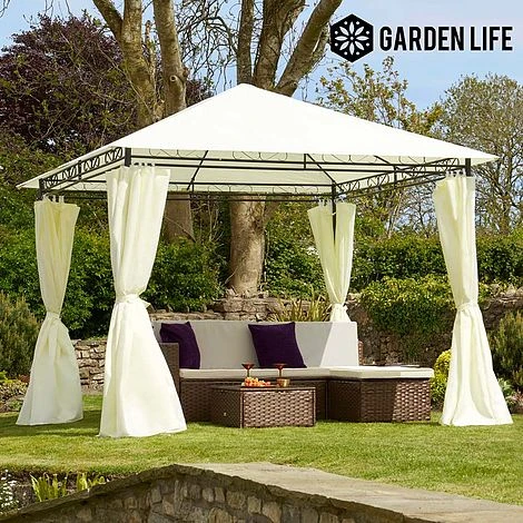 Garden Life 3x3m Metal Gazebo With Cream Roof And Curtains 3 Garden Life 3x3m Metal Gazebo With Cream Roof And Curtains