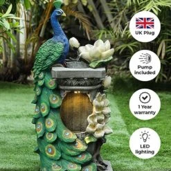Peacock LED Garden Water Feature -Eden Yard Zone Peacock edit